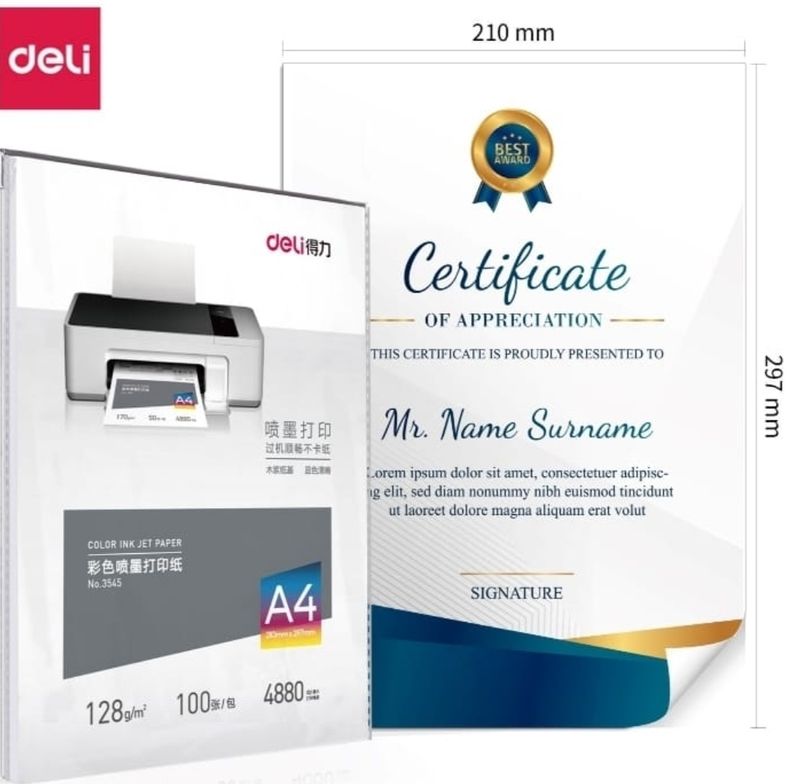 DELI 3545 CERTIFICATE INKJET PAPER 128GSM 100 SHEETS  - MATT FINISH
