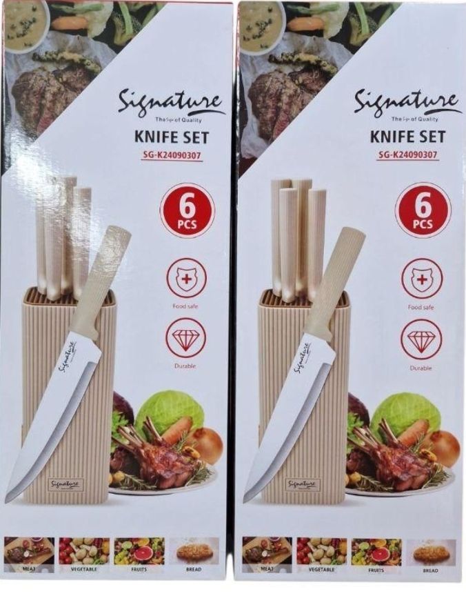 Here&#39;s a product title and key features for the knife set shown in the image: Product Title: Signature 6-Piece Knife Set with Wooden Block - Food Safe &amp; Durable Kitchen Knives (SG-K24090307)
