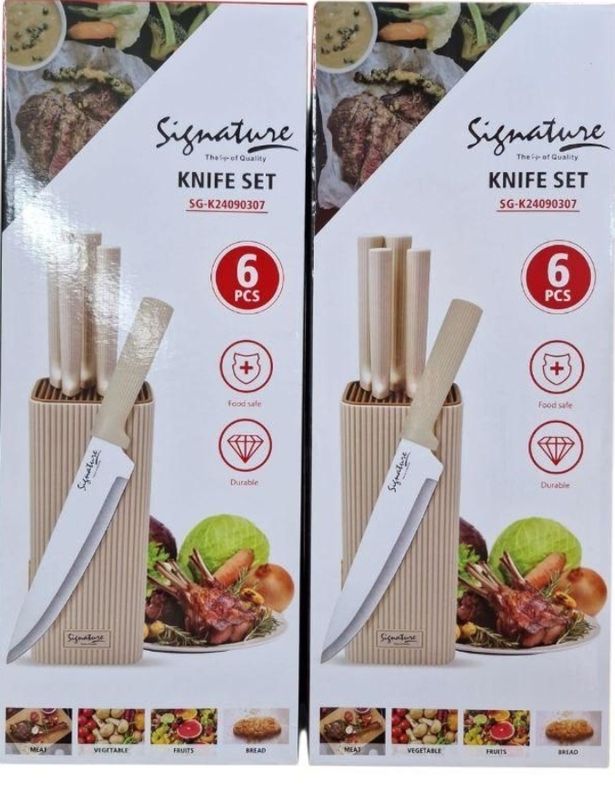 Here's a product title and key features for the knife set shown in the image: Product Title: Signature 6-Piece Knife Set with Wooden Block - Food Safe &amp; Durable Kitchen Knives (SG-K24090307)