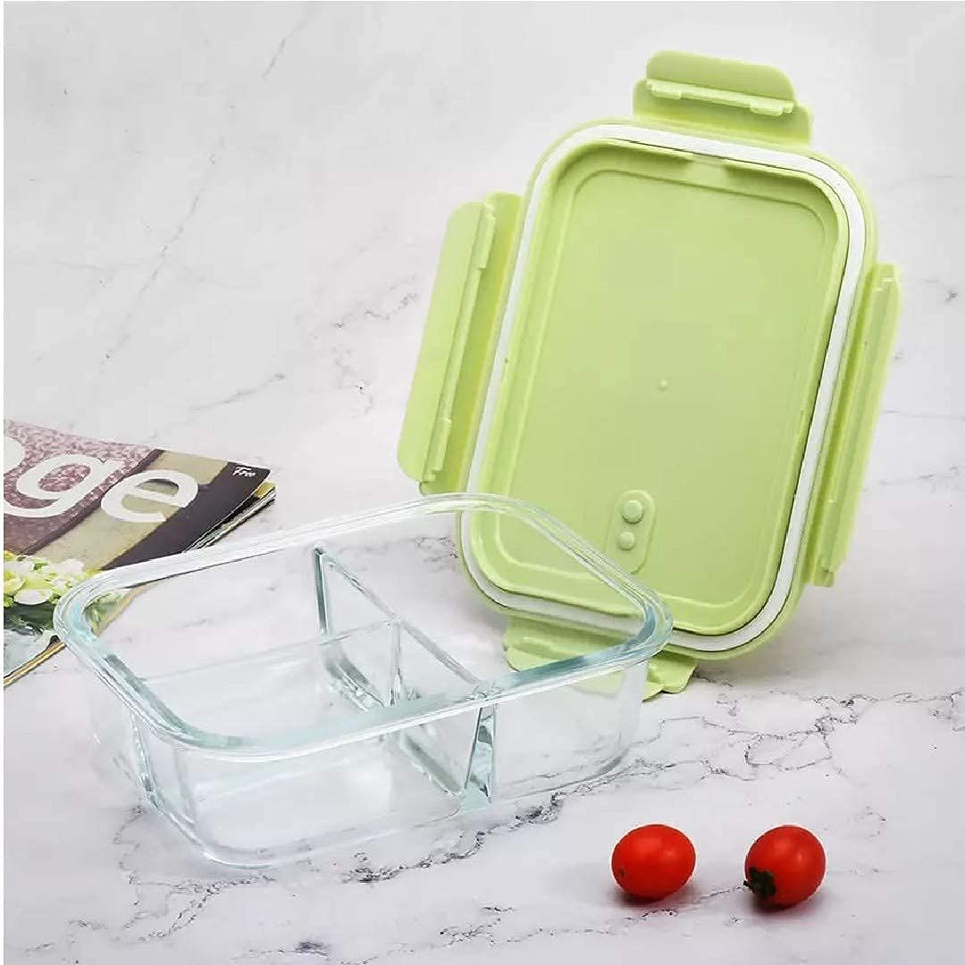 Red Cherry 2 Compartment Rectangular Storage Glass Borosilicate Lunch Box with Leak Proof Airtight lid