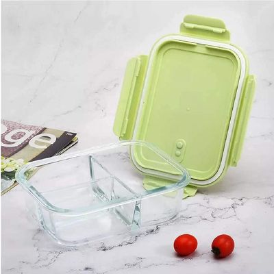 Red Cherry 2 Compartment Rectangular Storage Glass Borosilicate Lunch Box with Leak Proof Airtight lid