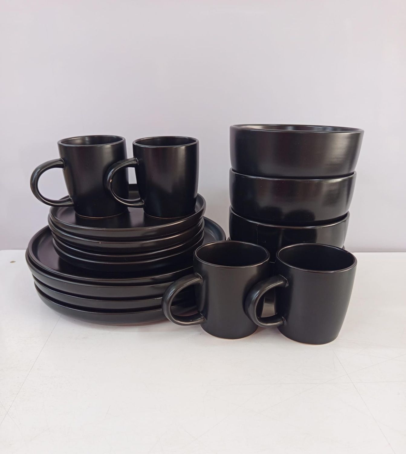 All About Home 16pc Black dinner set off white Mugs,plates, bowls, side plates