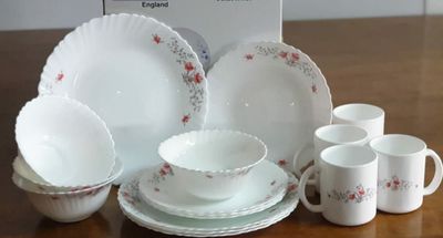Opal Glass 16pc dinner set Redberry 16pc Dinnerware  set white &amp; flowers #1200