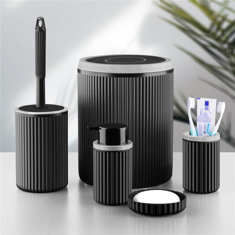 Bathroom Accessory set 5pc Dark grey set with Trash Bin, Toilet brush, soap Dispenser, tooth brush Holder and soap holder Eminem 3375