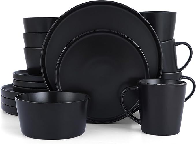 All About Home 16pc Black dinner set off white Mugs,plates, bowls, side plates