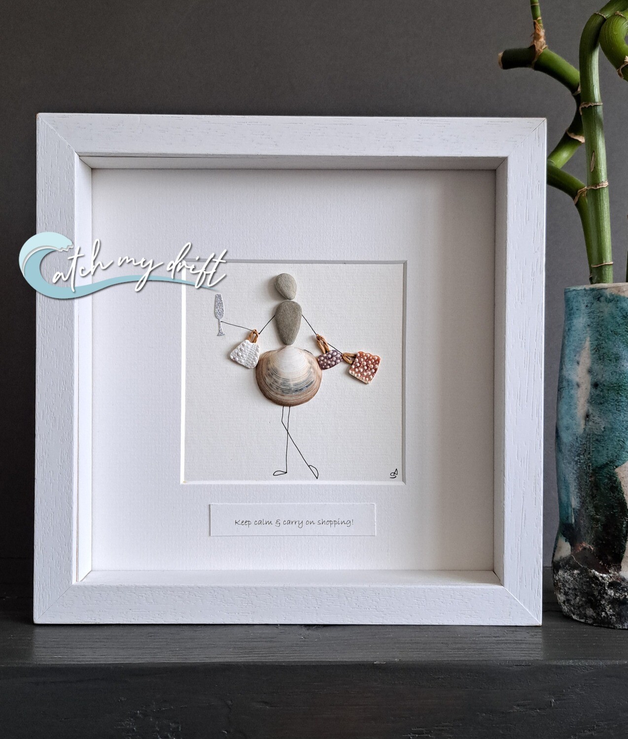 Girl with champagne &amp; shopping bags | Irish Pebble Art | Irish Shell art | Birthday | Mother&#39;s day | Retirement | Teacher&#39;s gift
