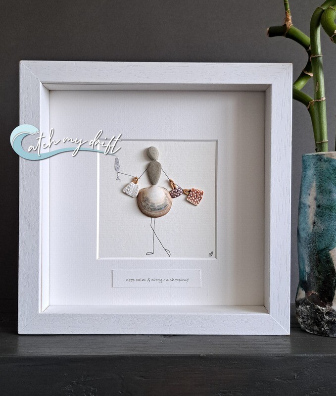 Girl with champagne &amp; shopping bags | Irish Pebble Art | Irish Shell art | Birthday | Mother&#39;s day | Retirement | Teacher&#39;s gift