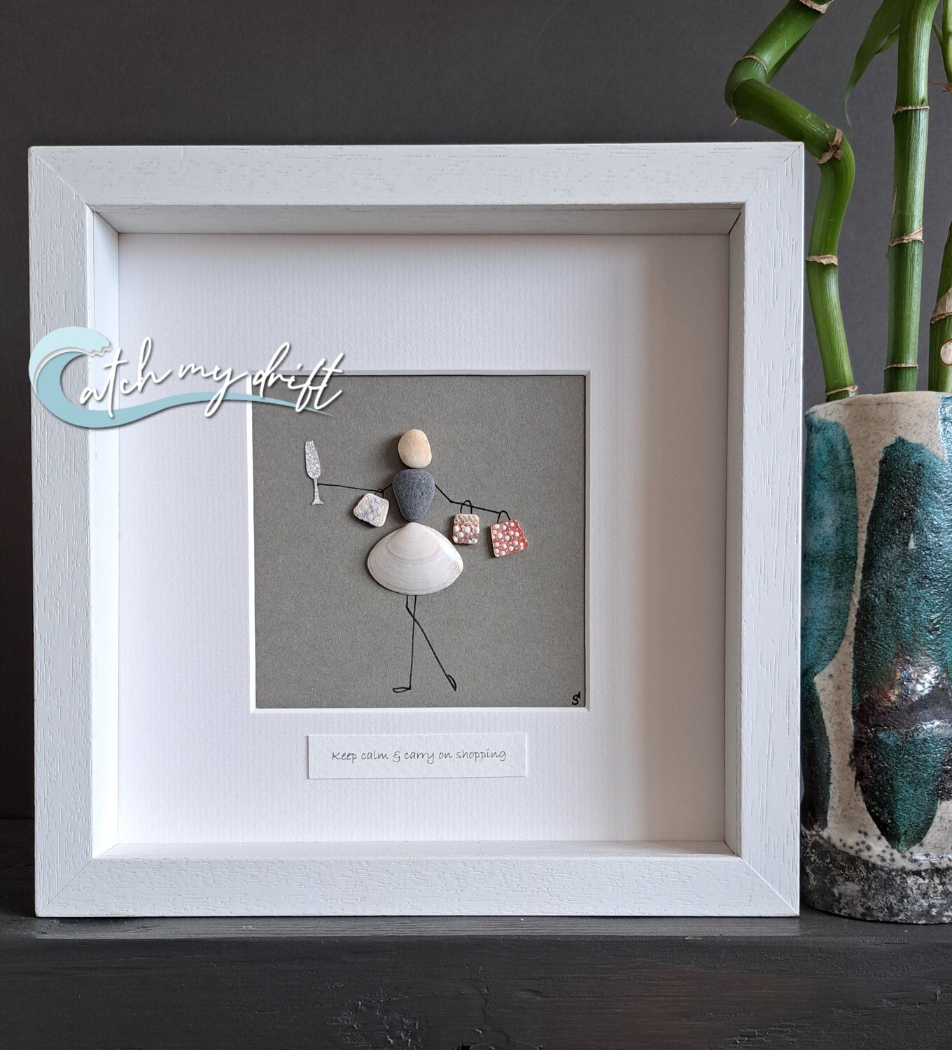 Girl with champagne &amp; shopping bags | Original Irish Pebble Art | Retirement | Birthday | Teachers gift |
