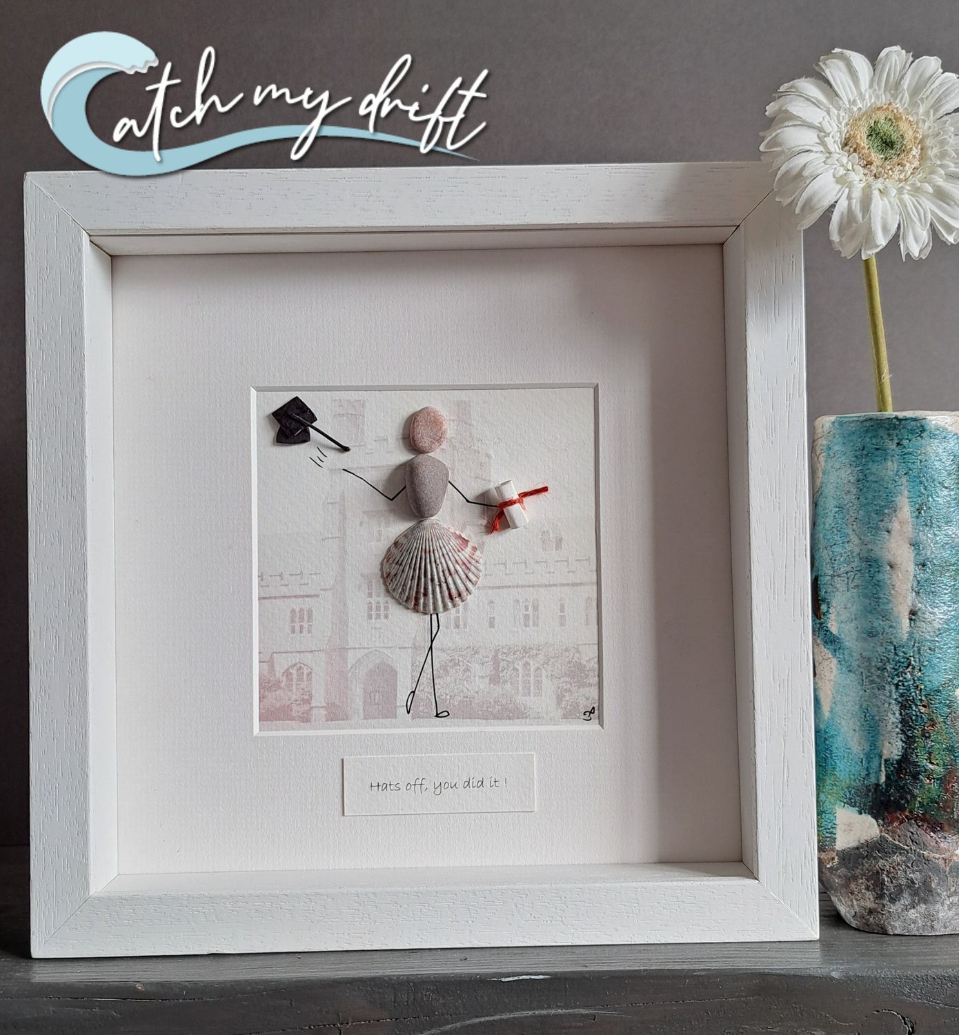 UCC Graduation Girl | Hats off | Irish Pebble Art | Mortar board &amp; scroll