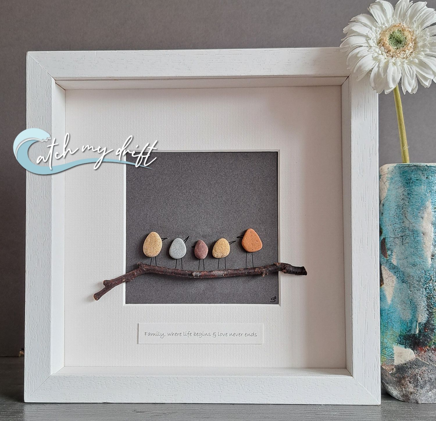 Family of 5 on branch | Irish Pebble Art | Family Tree | Birds of a feather | Friend group