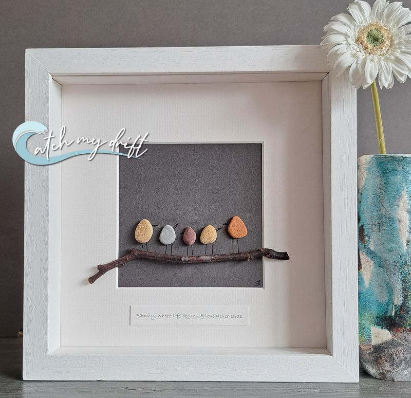 Family of 5 on branch | Irish Pebble Art | Family Tree | Birds of a feather | Friend group