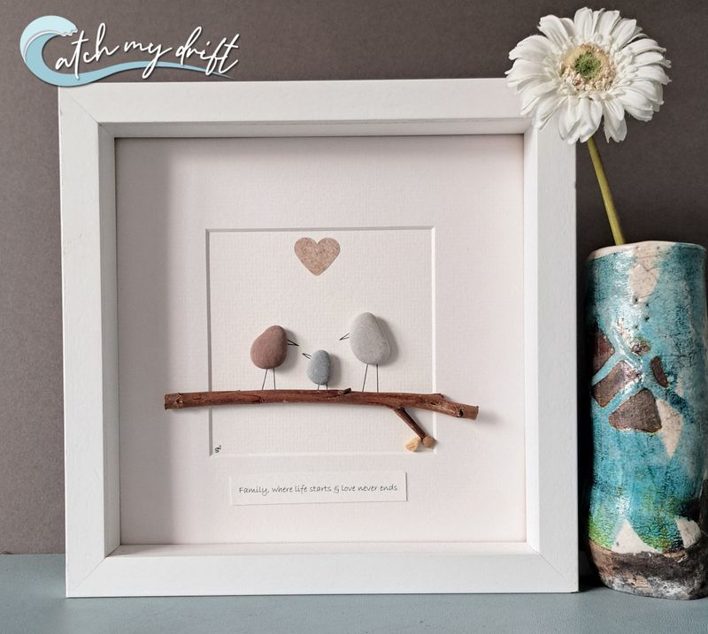 Family of 3  | 3 Birds on branch | Irish Pebble Art | New home | Family | Birthday | New baby