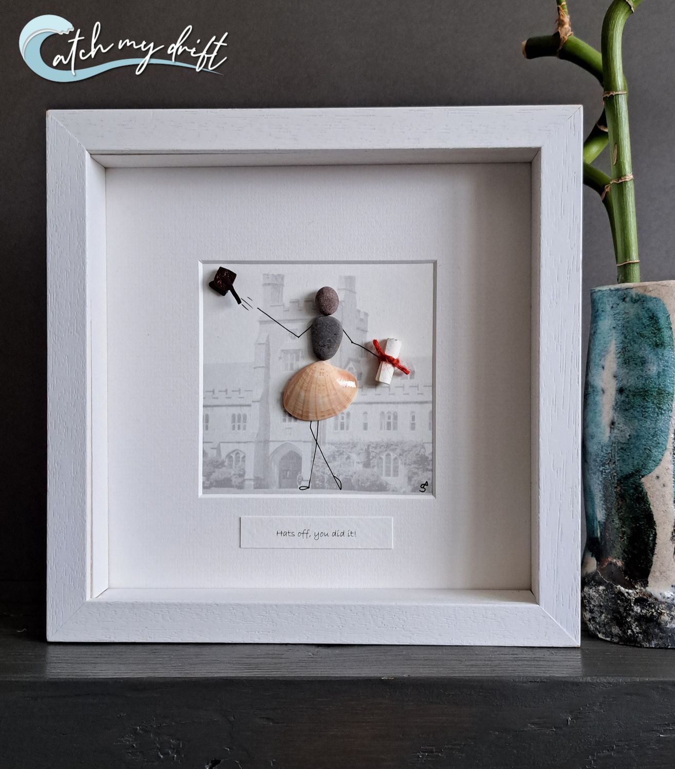 UCC Graduation Girl | Irish Pebble &amp; Shell Art | Mortar board &amp; scroll | Original gift |