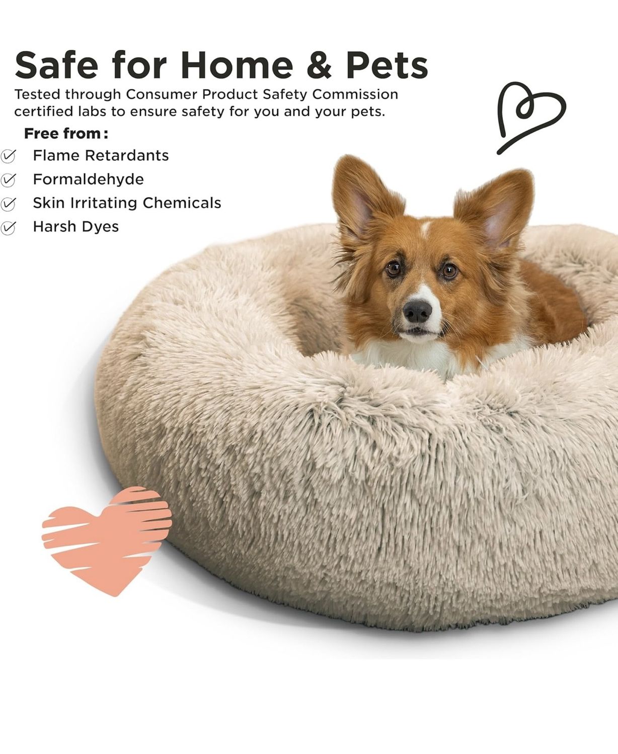 Calming Donut Dog and Cat Bed in Shag Fur, Taupe, Medium, 30x30