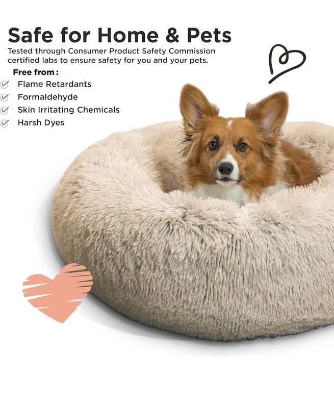 Calming Donut Dog and Cat Bed in Shag Fur, Taupe, Medium, 30x30