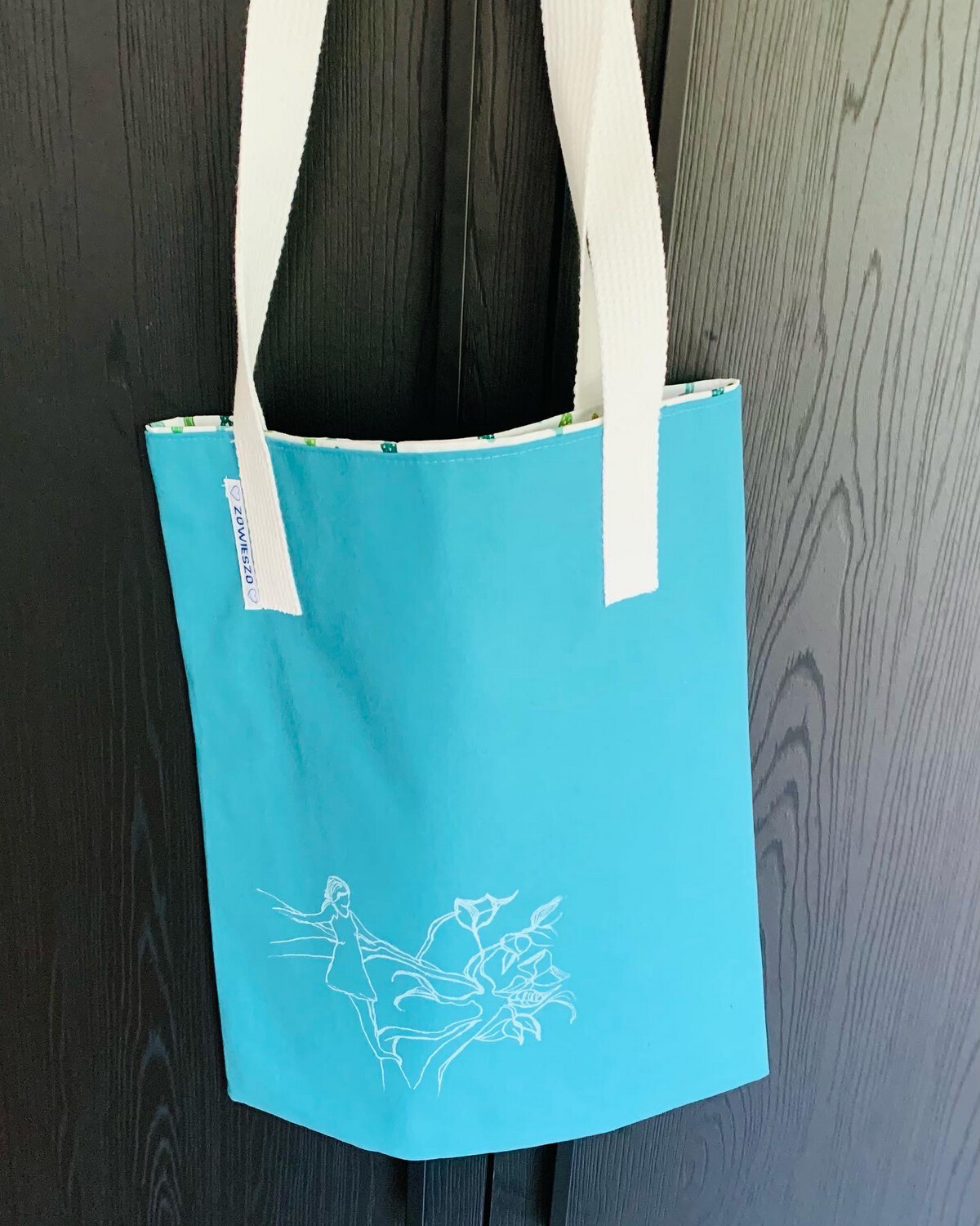 Tas Turkoois Meisje/ Bloemen Zeefdruk
