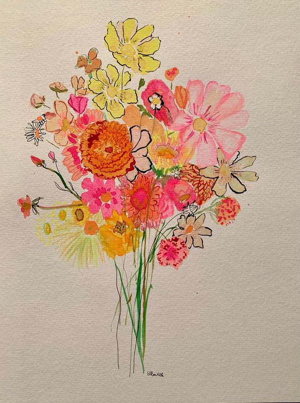 Aquarel schilderij, roze bloemen