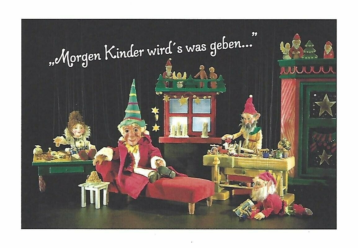 "Morgen Kinder wird's was geben ..."
Klappkarte Kasperl