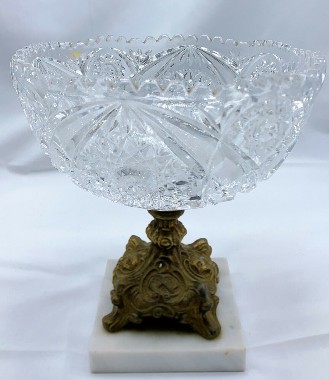 Crystal  bowl w Brass Marble Pedestal 8 3/4 x 9"