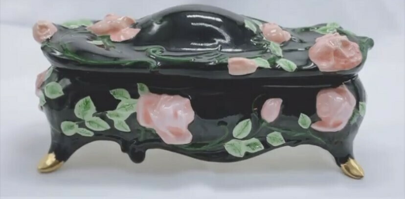 Vintage Casket Hand Painted Ceramic Trinket Jewelry Box