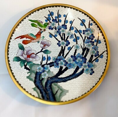 Cloisonne Chinese Brass Enamel Plate Birds and Flowers 10" 