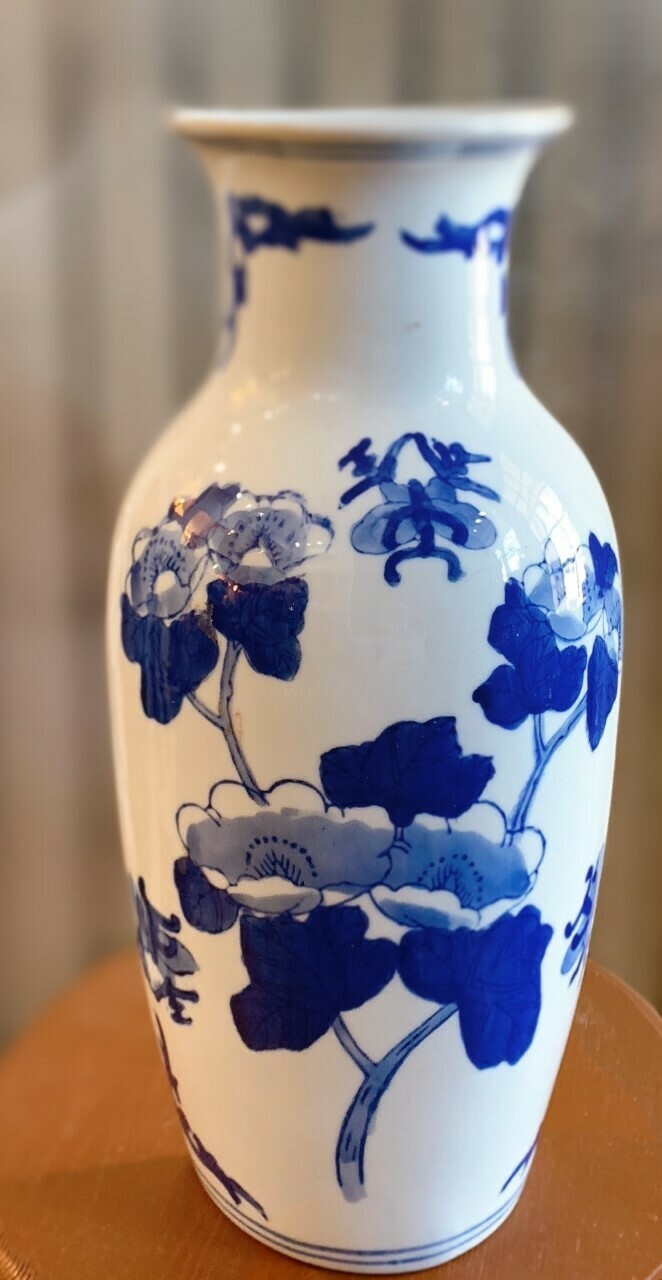 Blue and White Asian Flowers Ceramic Wall Pocket Vase 11" x 5 1/2" 