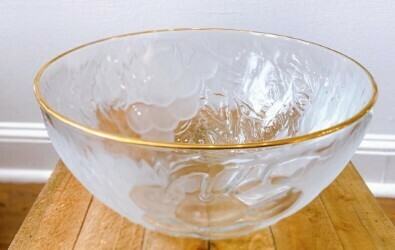 Gold Rimmed Clear and Frosted Glass Bowl Grape Leaves Design 10 1/2" x 4 3/4"