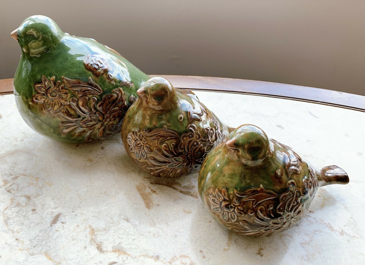 Green and Brown Ceramic Birds- Set of 3