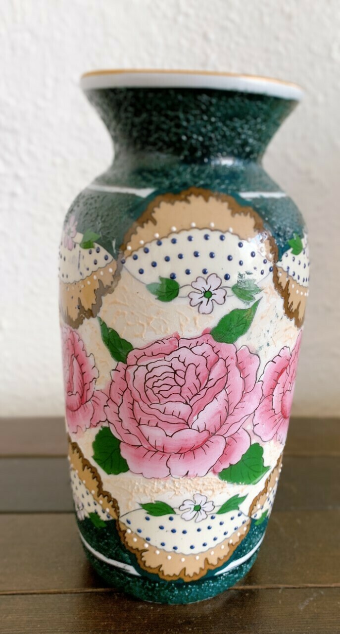 Vintage Chinese Vase Mirage Technique Green/Pink 8"