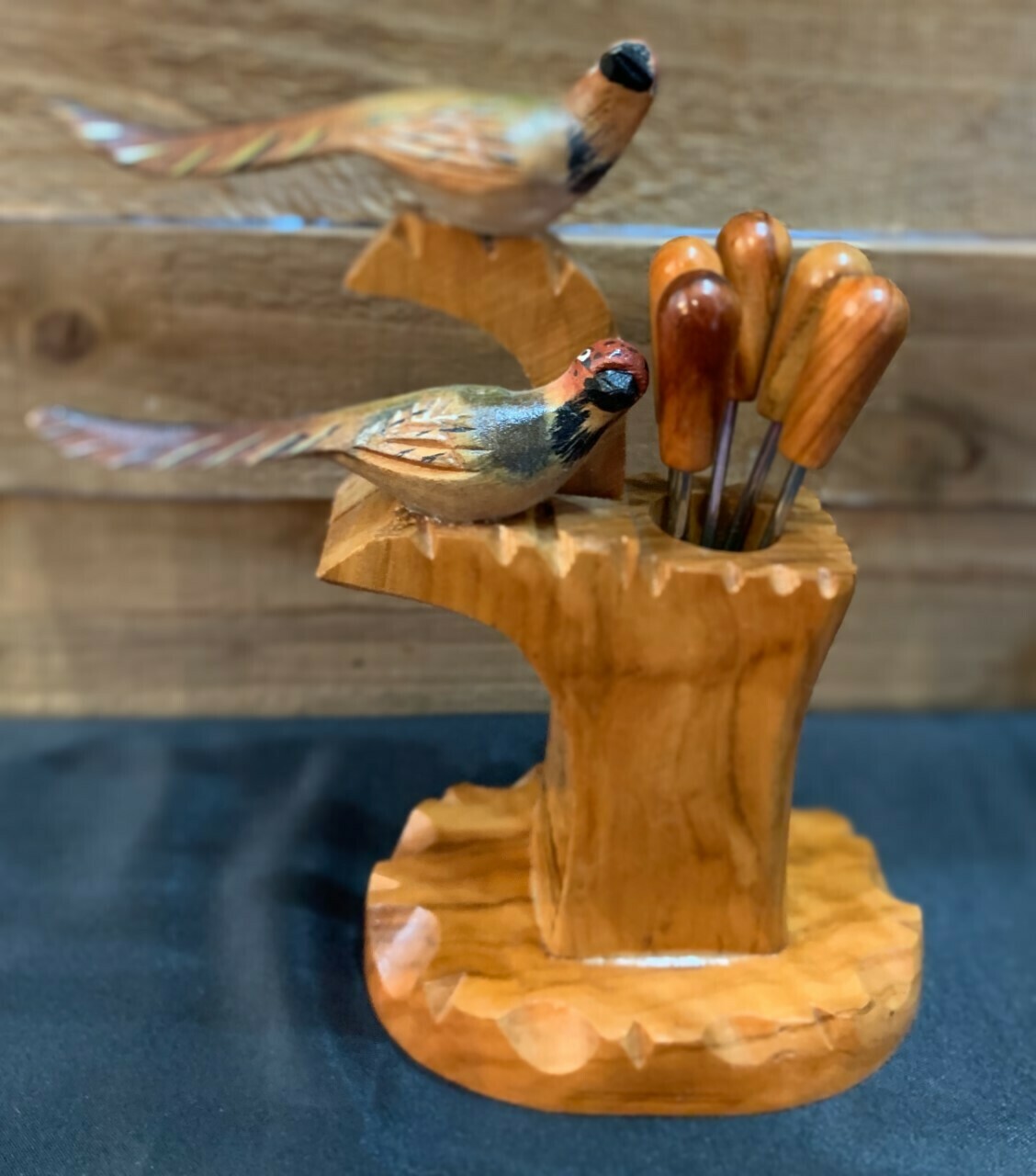 Vintage Hand Turned Olive Wood Cocktail Picks with Bird Sculpture