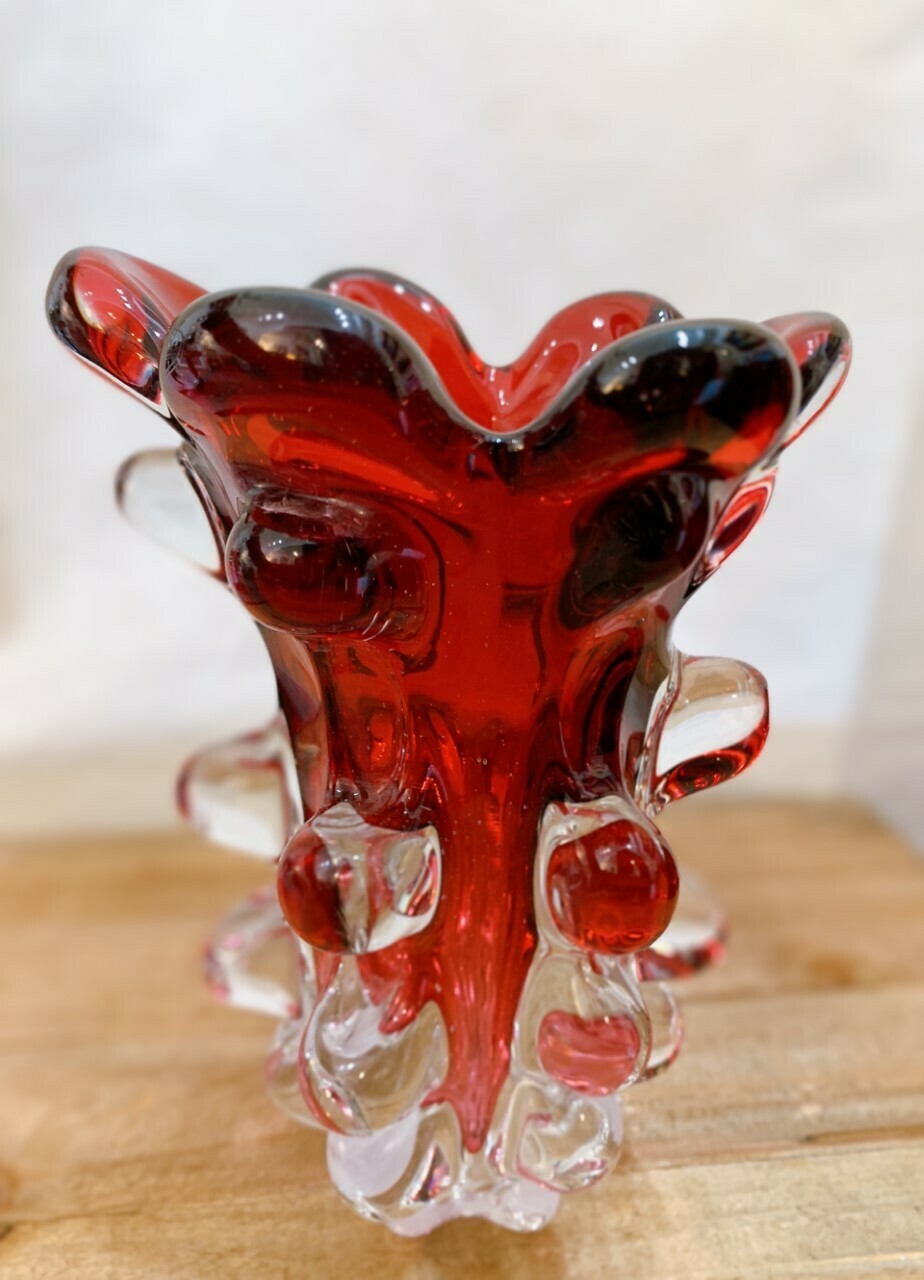 Red Bohemian Art Glass Vase 7"