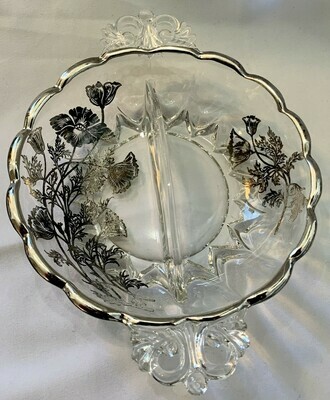 Vintage Silver Overlay Glass Divided Bowl w/Handles 6”