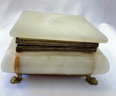 Vintage Art Deco Onyx Marble and Brass Clawfoot Trinket Box 5 1/4 x 2 3/4h”