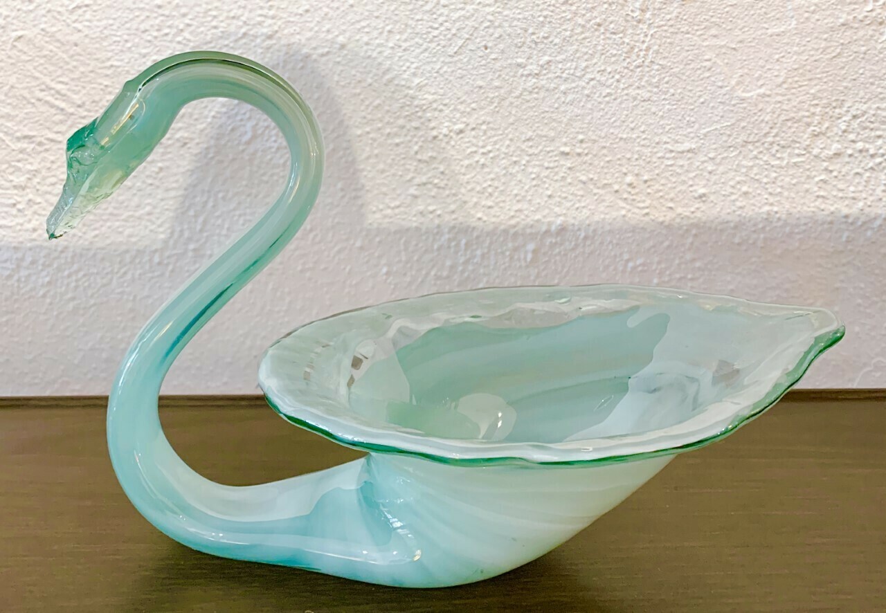 Vintage Teal Hand Blown Studio Art Glass Swan Candy Dish