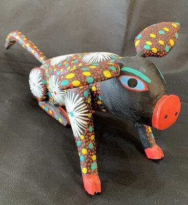 Vintage Oaxacan Folk  Mexico Art Pig Wood Carving Signed Irene M
