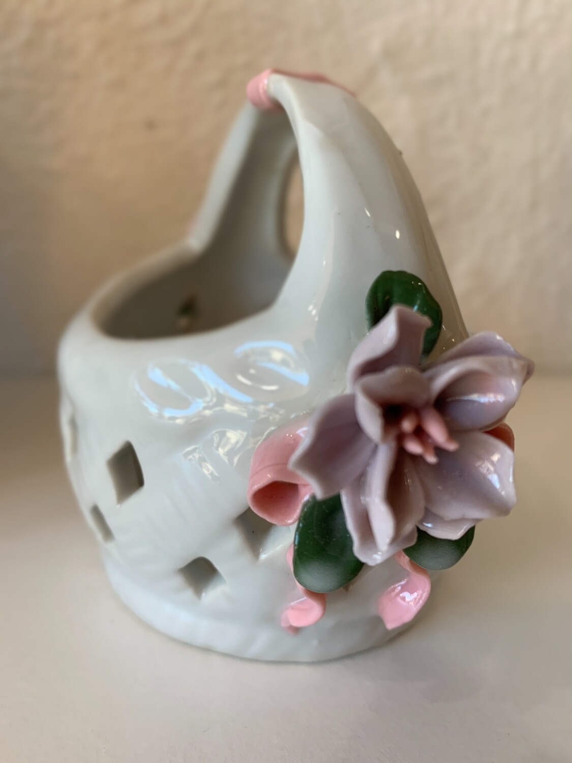 Vintage Porcelain Woven Basket w/ Flowers Decor 4 1/2” 