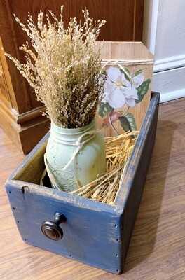 Hand Painted Drawer 13” x 6” w/painted vase w/stems & decorated plank