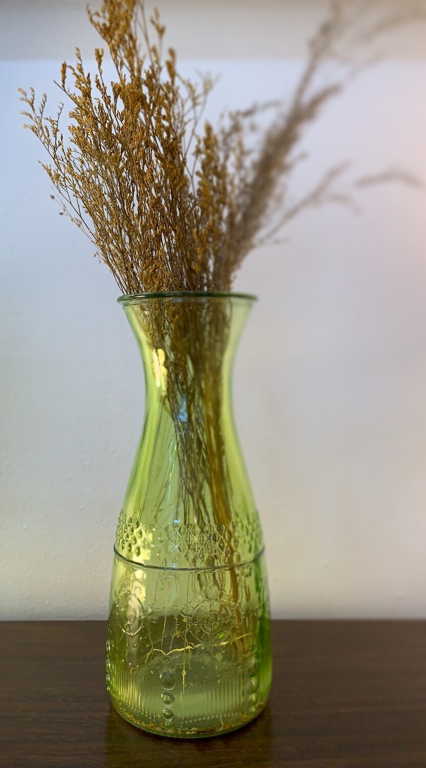 Green Vintage Glass Blenko-like Vase & stems 10”