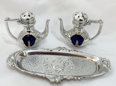 Vintage Miniature Silver Teapot Salt and Pepper Shakers, New York Empire State Building