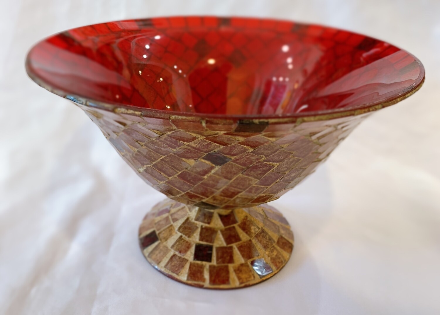 Red Glass Mosaic Footed Bowl 8 1/4”d x 5” h