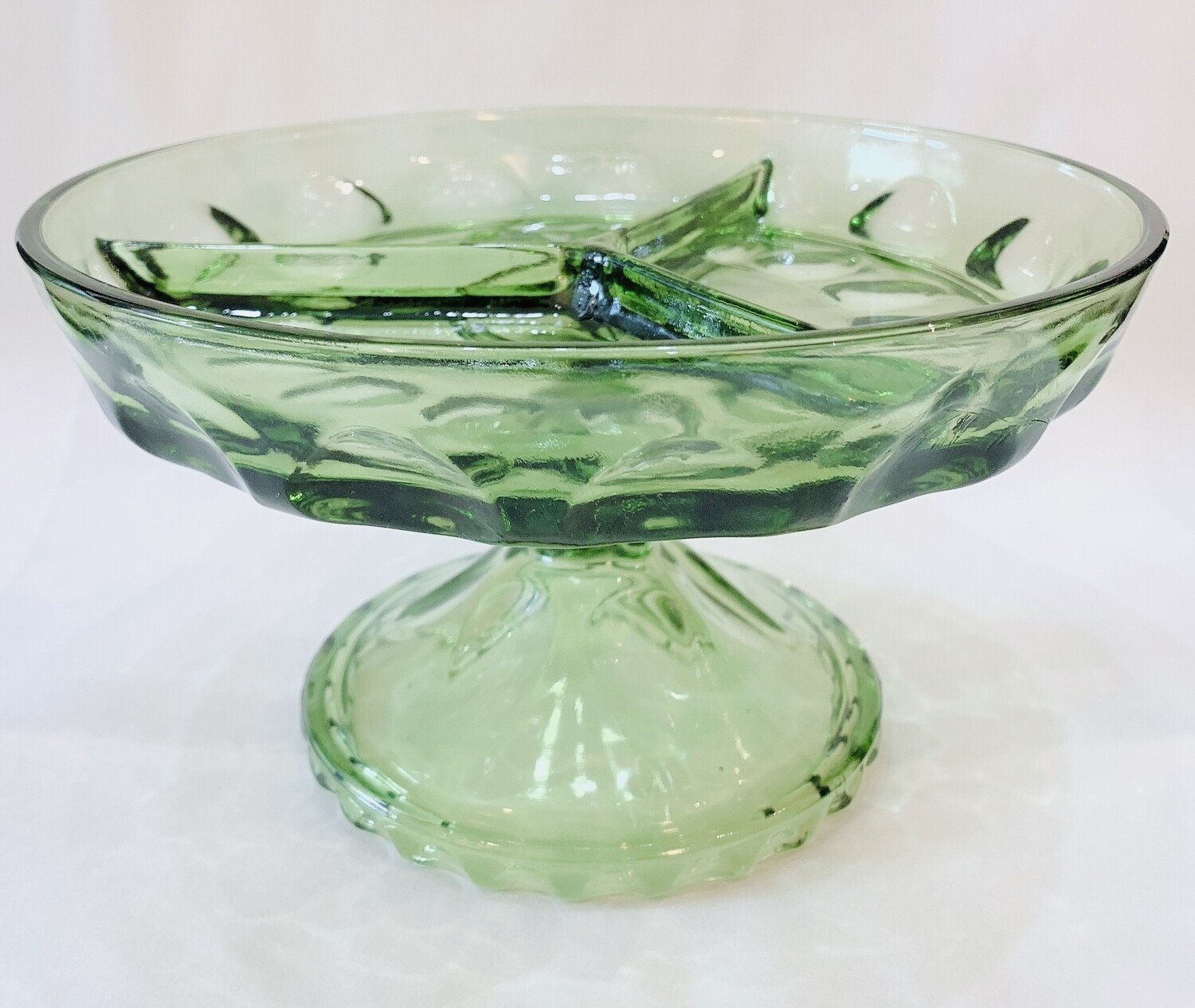 Vintage Green Depression Glass Divided Pedestal  