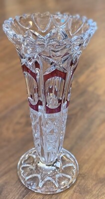 Vintage Hofbauer Lead Crystal Vase w/Hearts Clear to Red Cuts 10" x 5"