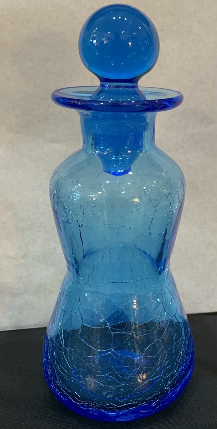 Vintage Blue Crackled Glass Decanter Ball Stopper Mid Century Hand Blown