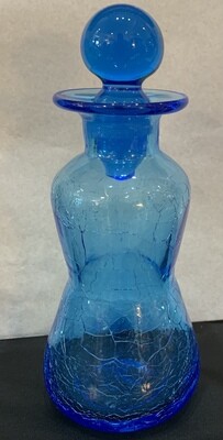 Vintage Blue Crackled Glass Decanter Ball Stopper Mid-Century Hand Blown