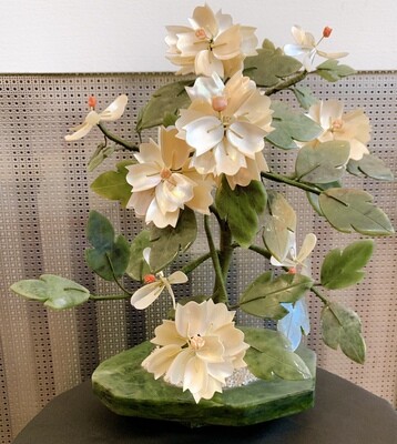 Vintage Jade and Agate Stone  Flower Bonsai Sculpture 12”