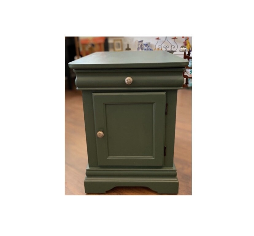 Vintage Green Painted Side Table with Storage Drawer and Cabinet
 18”W x 24.4”T x 24” D