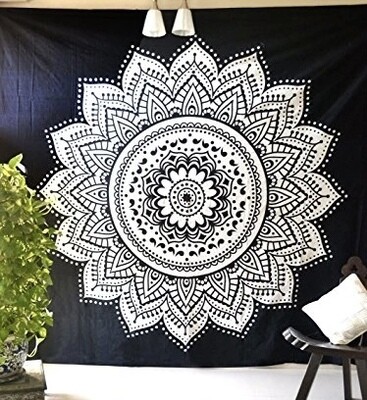Black and White Mandala Wall Tapestry  59” x 59”