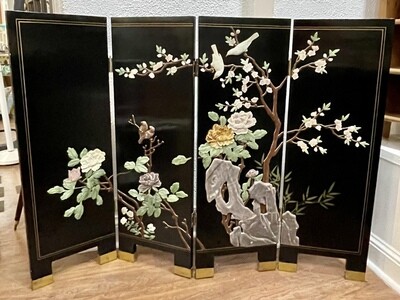 Chinese Lacquered Wood and Stone Four Paneled Screen 36”h x 48”w x 7/8”d fully extended