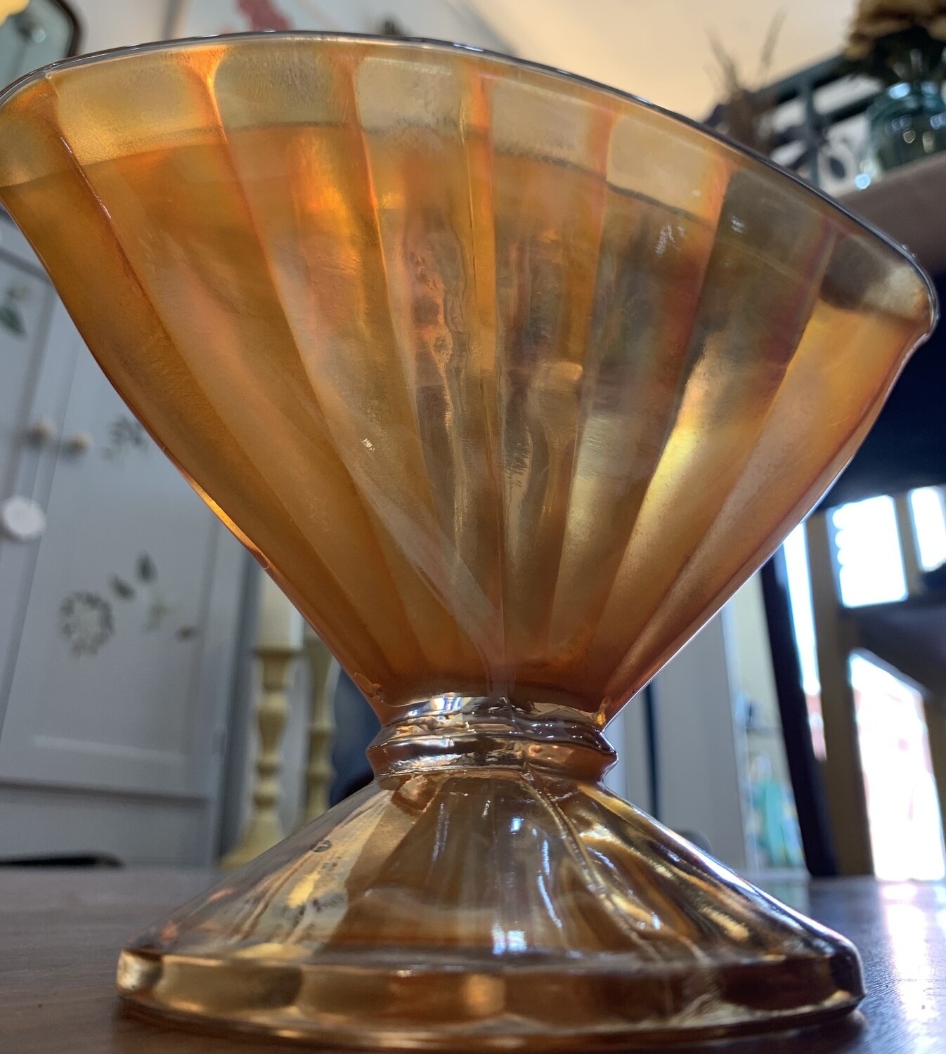 Vintage Orange Stretch Carnival Glass 6” Fan Vase