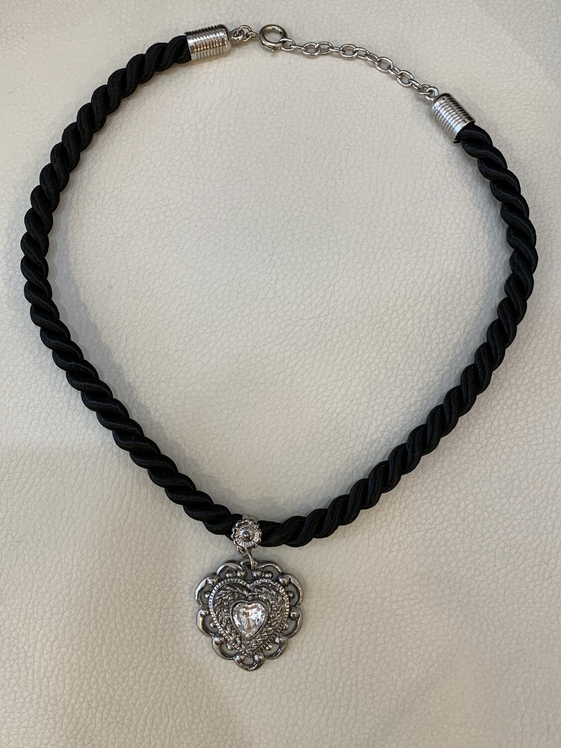 Black Rope Braided Chain Necklace With Silver Heart Pendant
